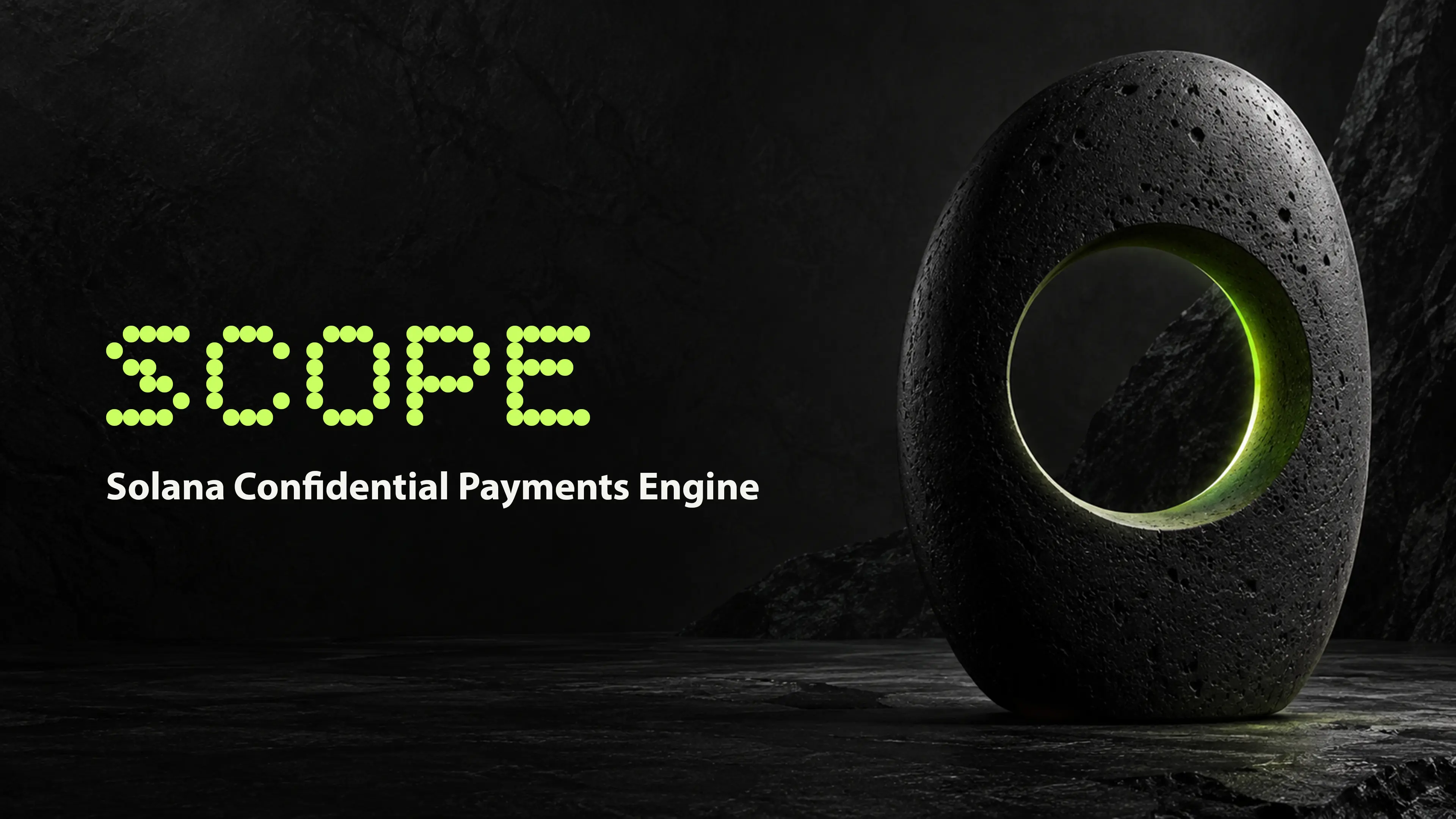 SCOPE, Solana Confidential Payments Engine, beside a stone ring glowing green
